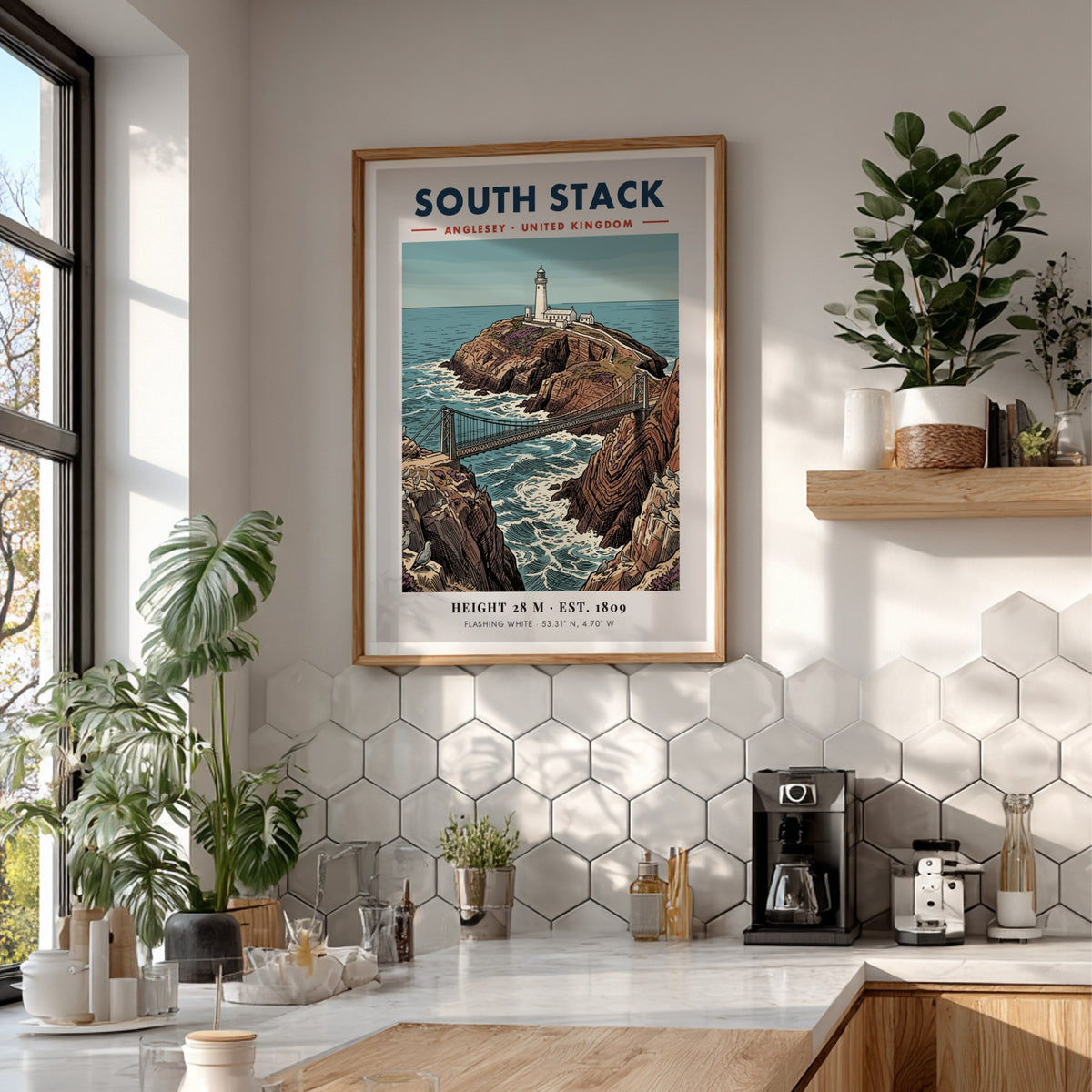 Poster of South Stack Lighthouse in Anglesey featuring a bridge, cliffs, and seagulls.