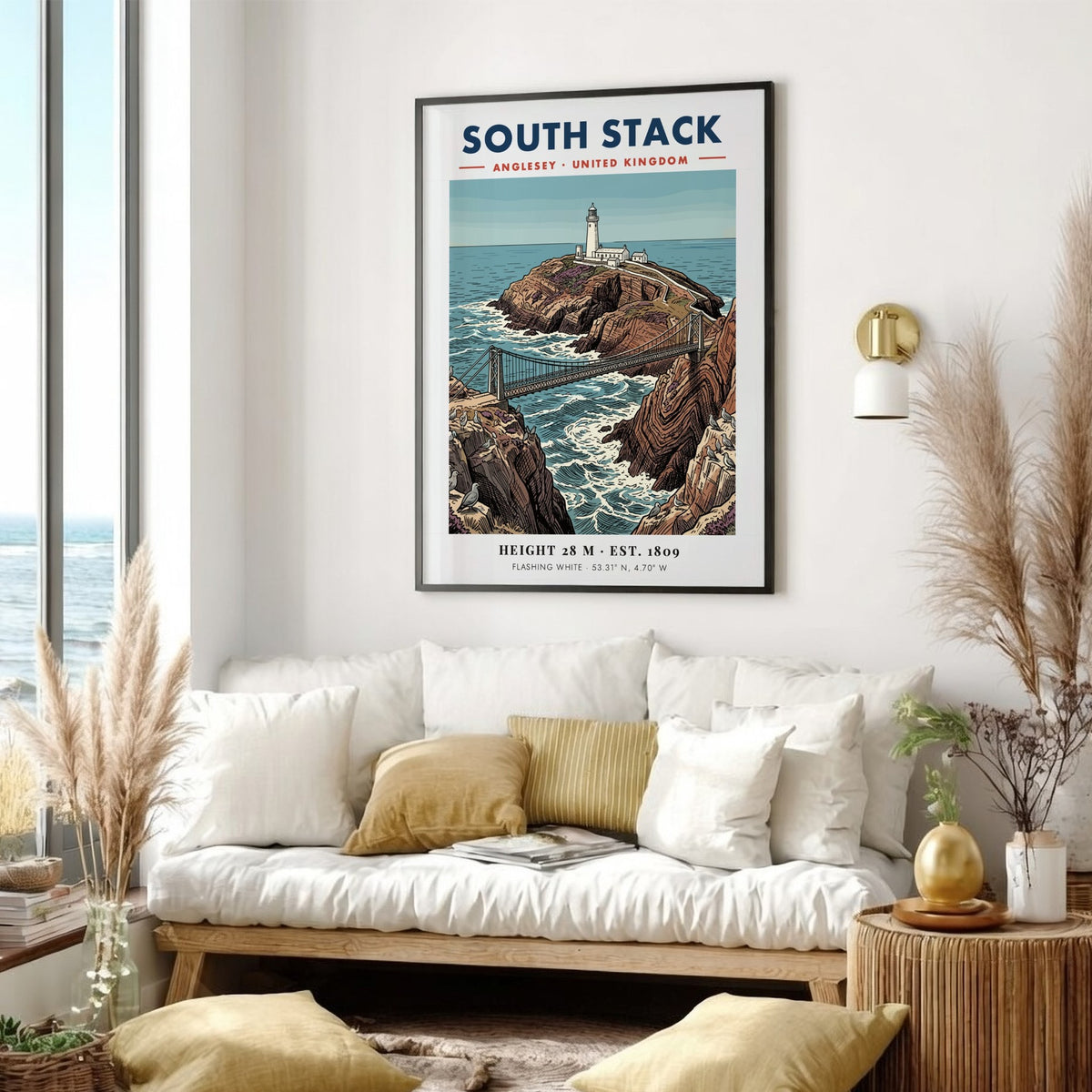Poster of South Stack Lighthouse in Anglesey featuring a bridge, cliffs, and seagulls.