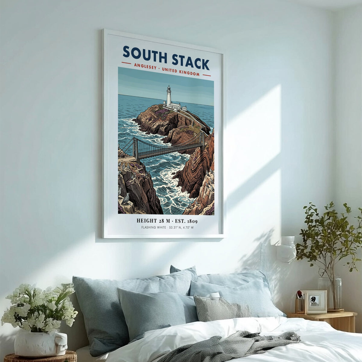 Poster of South Stack Lighthouse in Anglesey featuring a bridge, cliffs, and seagulls.