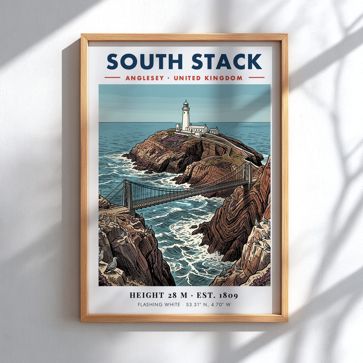 Poster of South Stack Lighthouse in Anglesey featuring a bridge, cliffs, and seagulls.