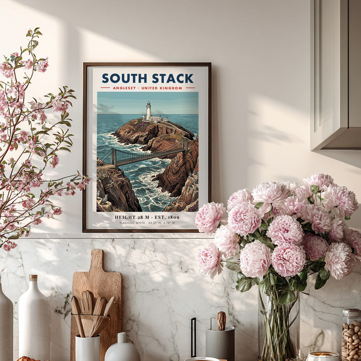 Poster of South Stack Lighthouse in Anglesey featuring a bridge, cliffs, and seagulls.