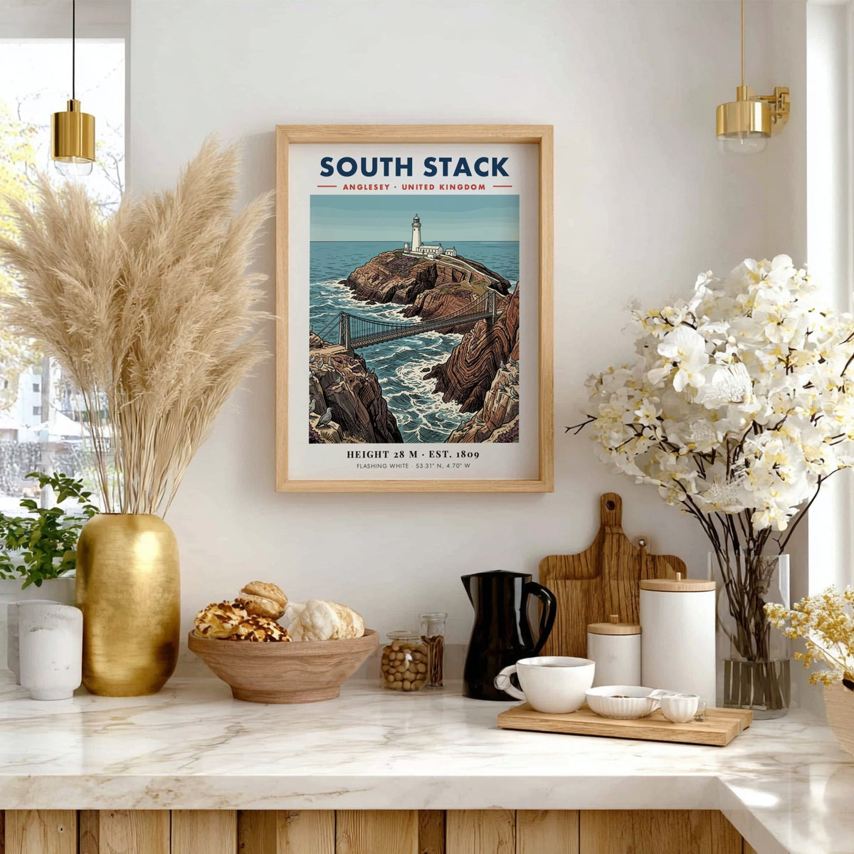 Poster of South Stack Lighthouse in Anglesey featuring a bridge, cliffs, and seagulls.
