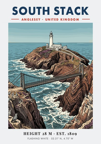 Poster of South Stack Lighthouse in Anglesey featuring a bridge, cliffs, and seagulls.