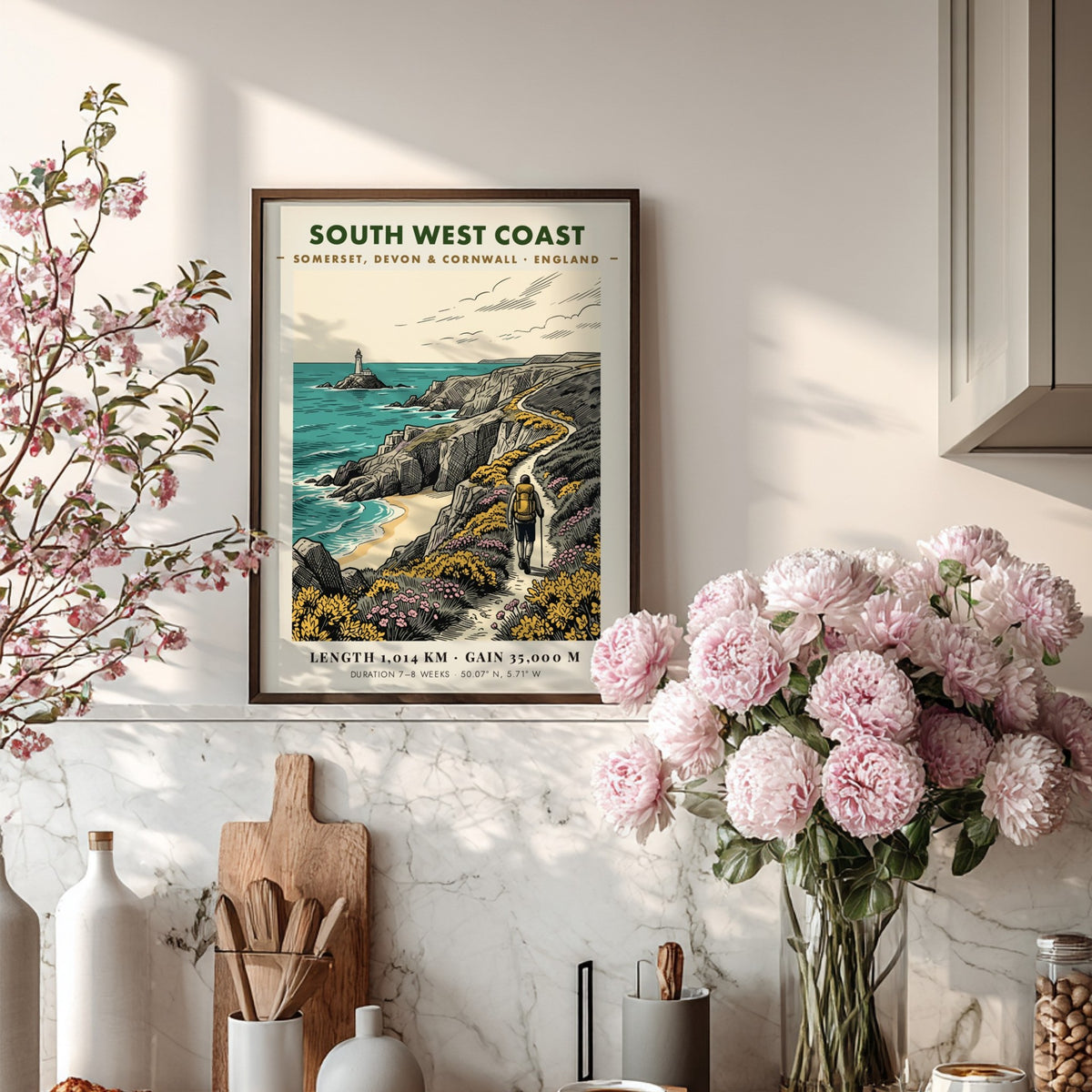 Poster of a hiker on the South West Coast trail with a lighthouse.