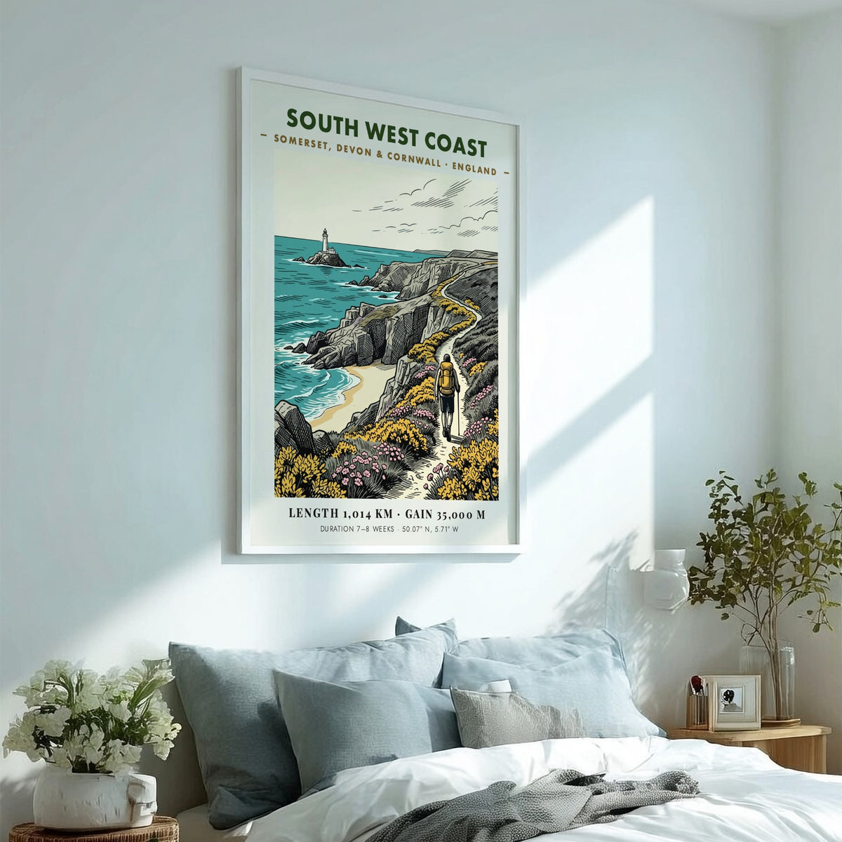 Poster of a hiker on the South West Coast trail with a lighthouse.