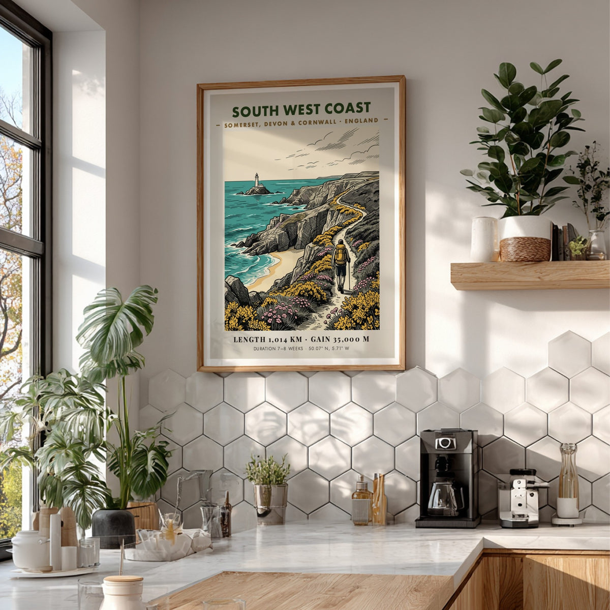Poster of a hiker on the South West Coast trail with a lighthouse.