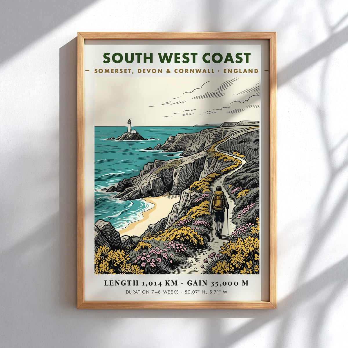 Poster of a hiker on the South West Coast trail with a lighthouse.