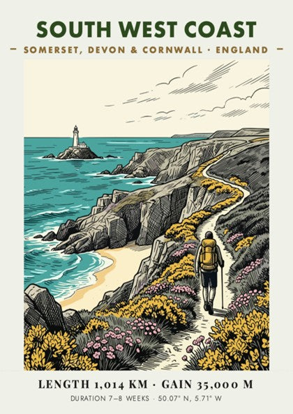 Poster of a hiker on the South West Coast trail with a lighthouse.
