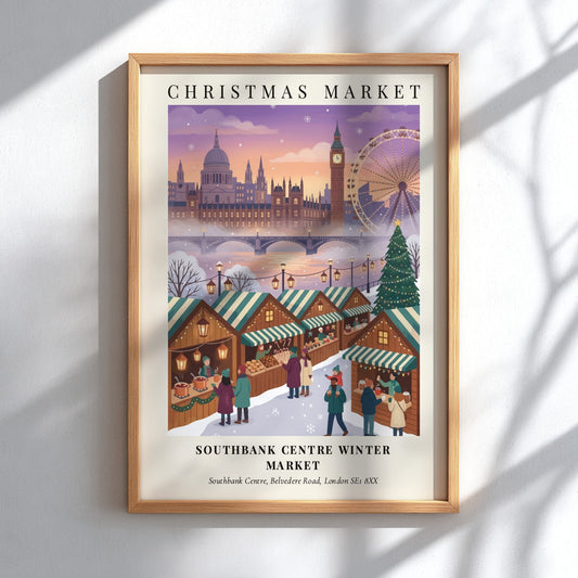 Poster of Southbank Centre Winter Market with London skyline in soft purple and orange.