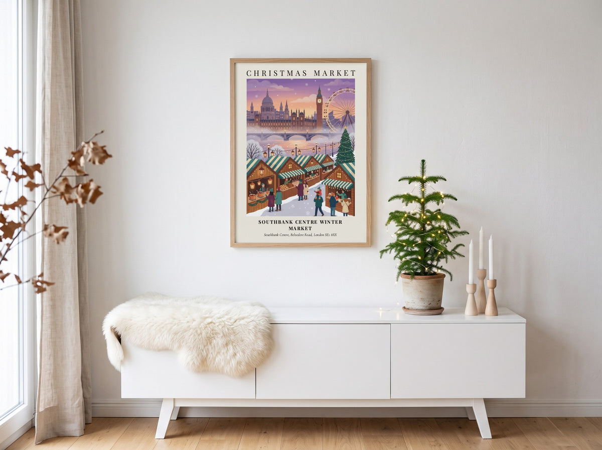 Poster of Southbank Centre Winter Market with London skyline in soft purple and orange.