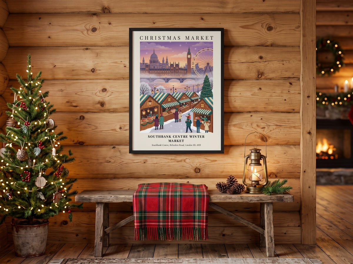 Poster of Southbank Centre Winter Market with London skyline in soft purple and orange.