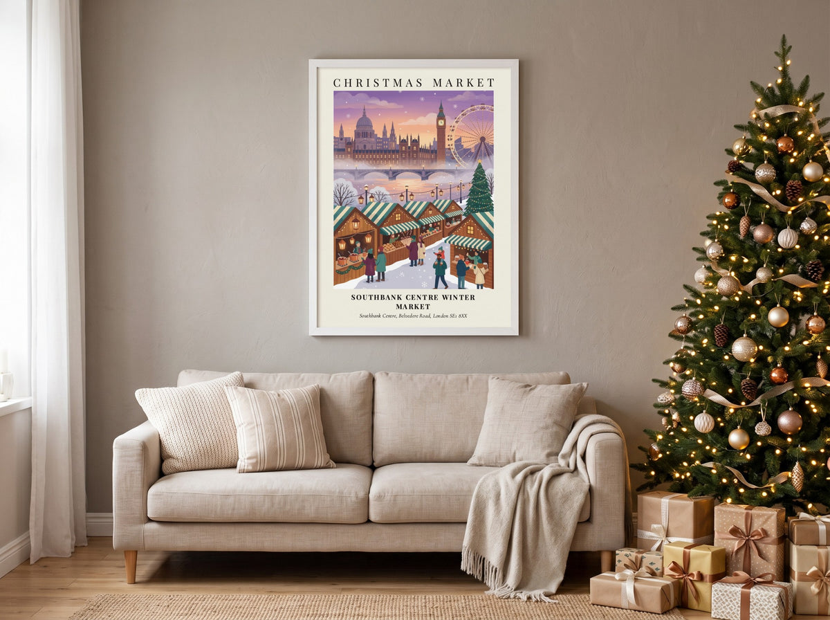 Poster of Southbank Centre Winter Market with London skyline in soft purple and orange.