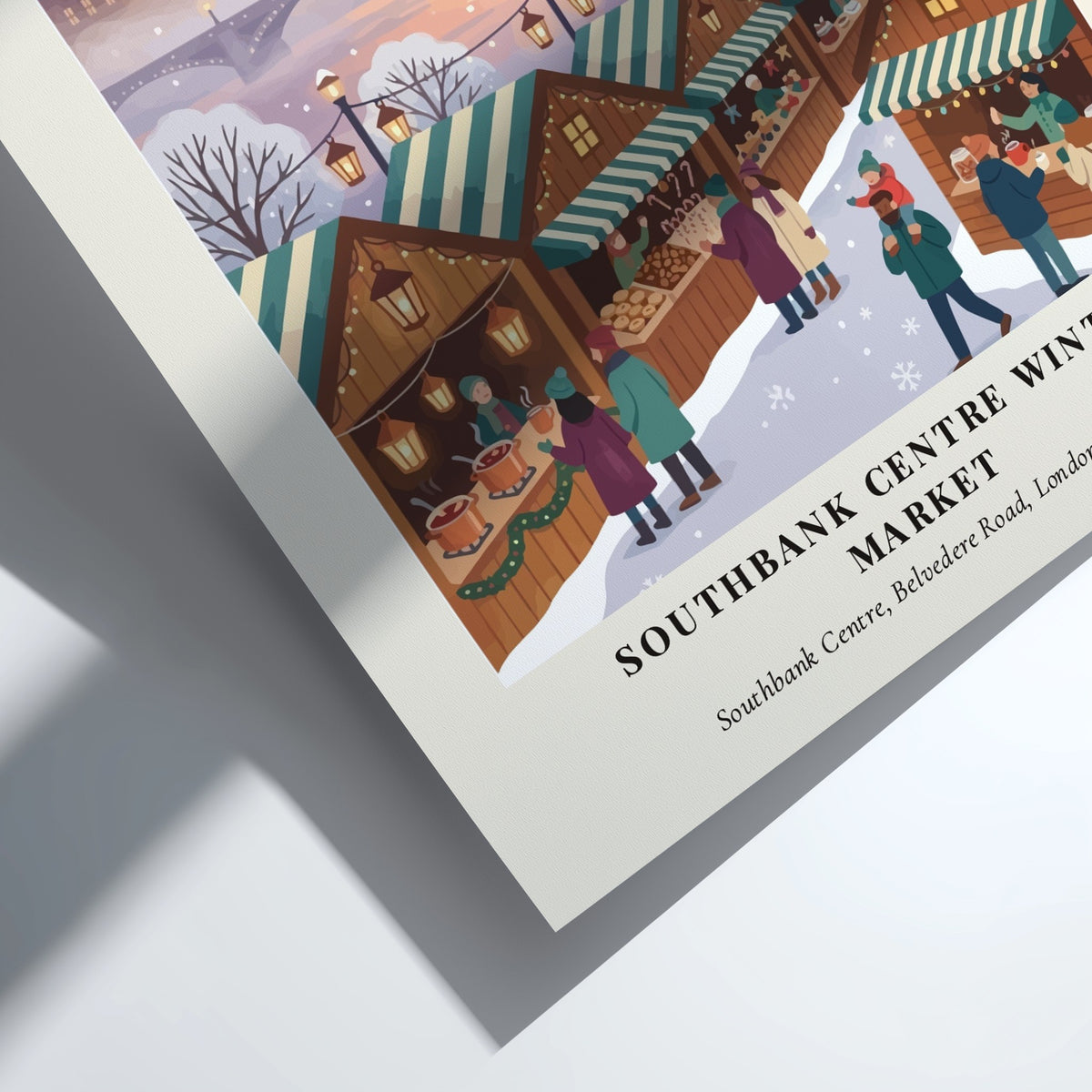 Poster of Southbank Centre Winter Market with London skyline in soft purple and orange.