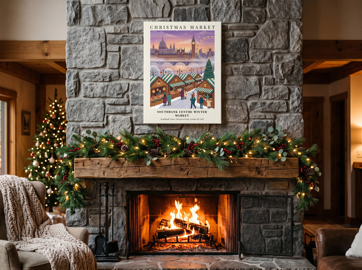 Poster of Southbank Centre Winter Market with London skyline in soft purple and orange.