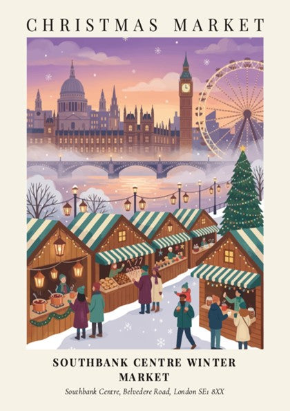 Poster of Southbank Centre Winter Market with London skyline in soft purple and orange.