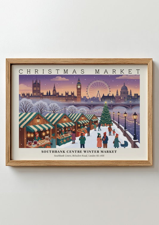 Poster of Southbank Centre Winter Market with London landmarks and glowing holiday market stalls.