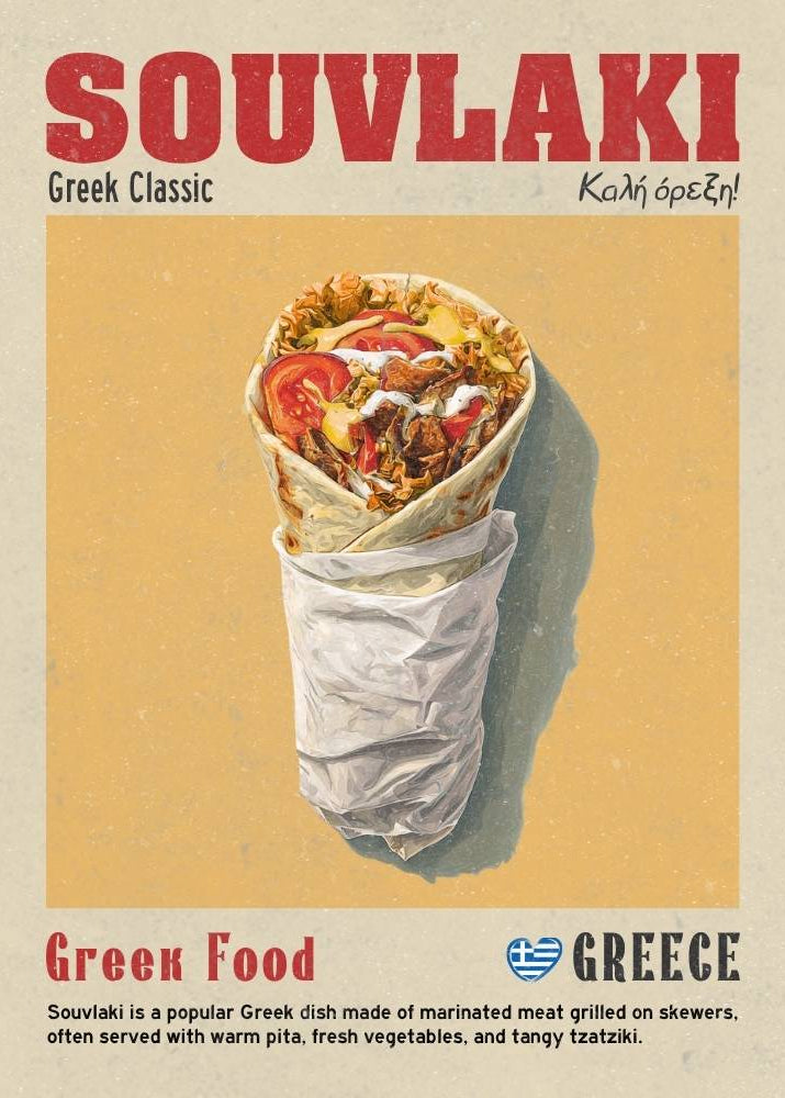 Souvliaki wrap with text about Greek food and Greece on a beige background