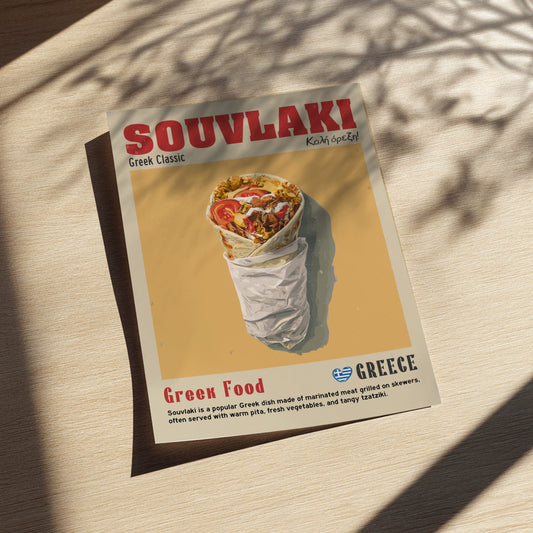 Poster of a souvlaki with text about Greek food on a wooden surface