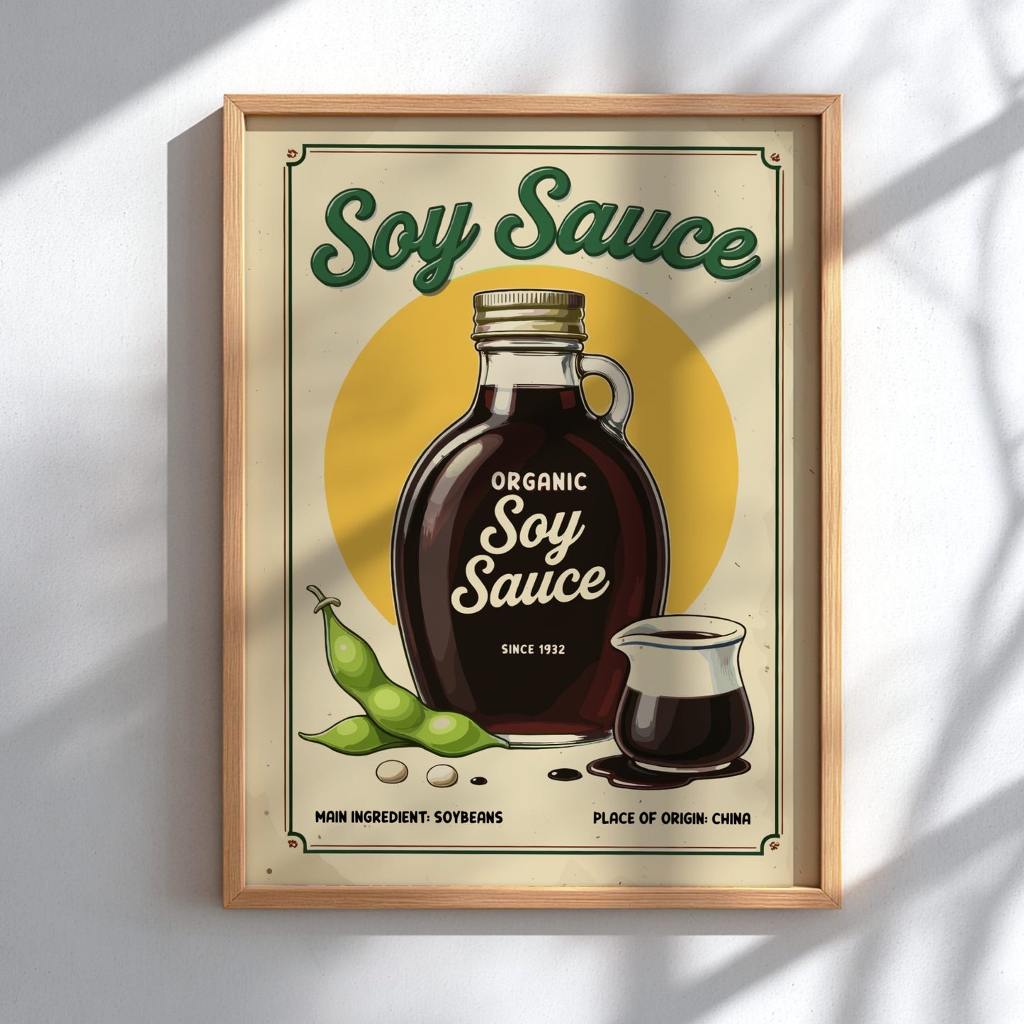Framed poster of organic soy sauce with a bottle, green beans, and a cup on a beige background.
