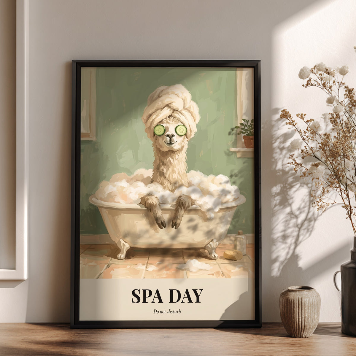 Poster of a funny llama in a bubble bath with cucumber slices on eyes.