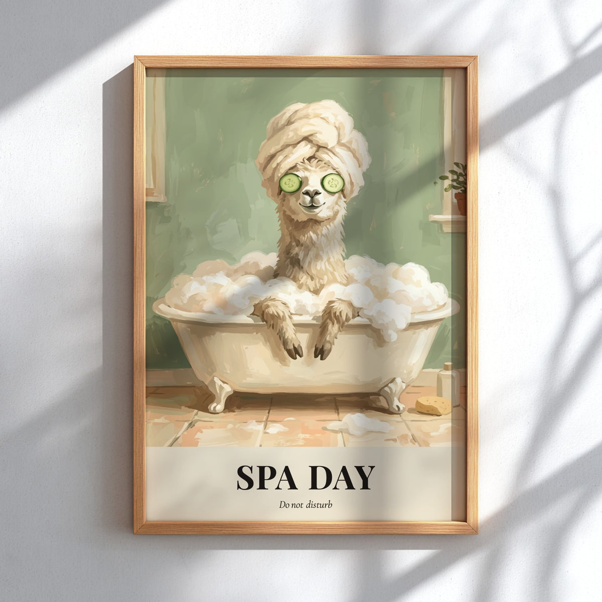 Poster of a funny llama in a bubble bath with cucumber slices on eyes.