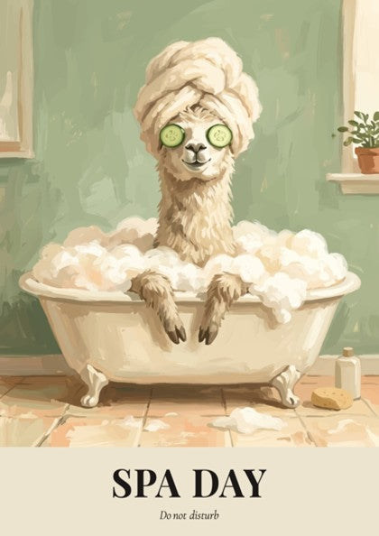Poster of a funny llama in a bubble bath with cucumber slices on eyes.