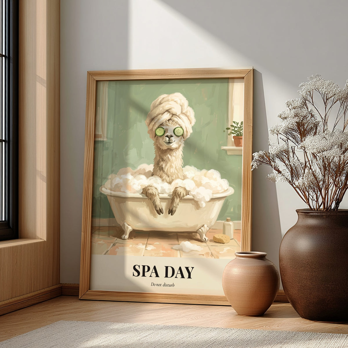 Poster of a funny llama in a bubble bath with cucumber slices on eyes.