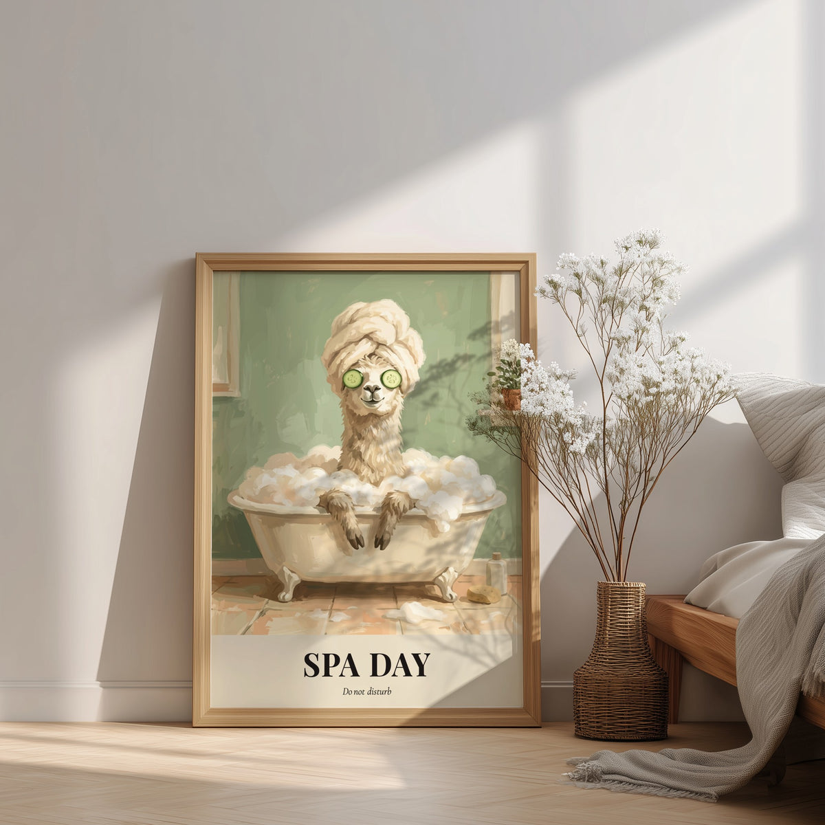 Poster of a funny llama in a bubble bath with cucumber slices on eyes.