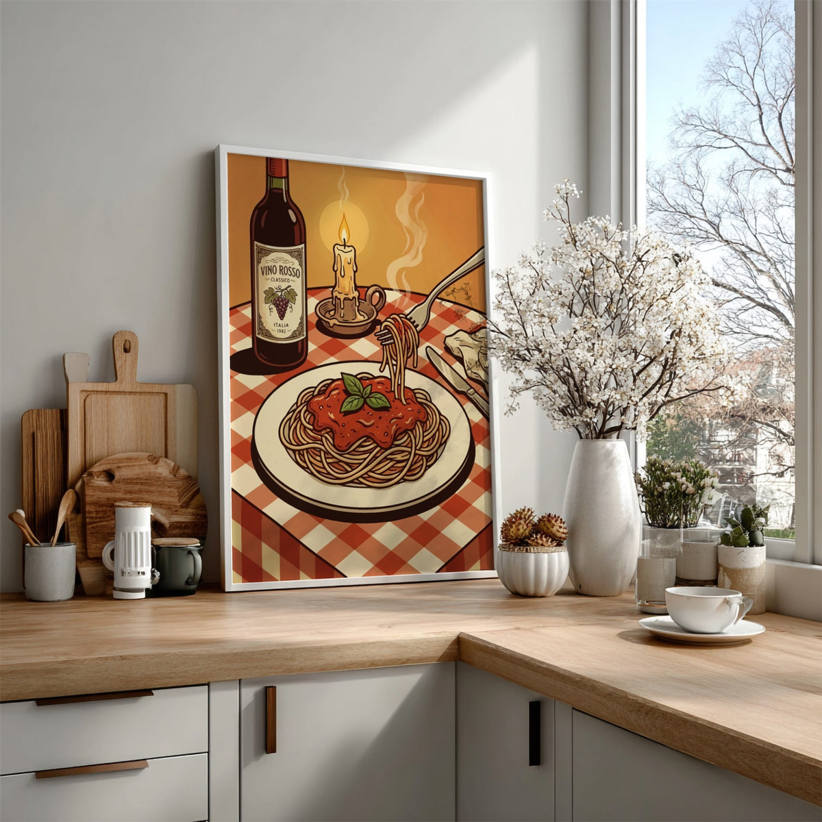 Spaghetti poster featuring a plate of pasta, wine bottle, and candle on a checkered