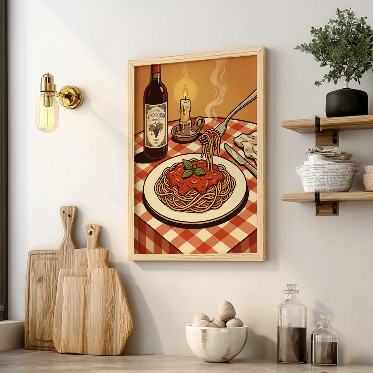 Spaghetti poster featuring a plate of pasta, wine bottle, and candle on a checkered