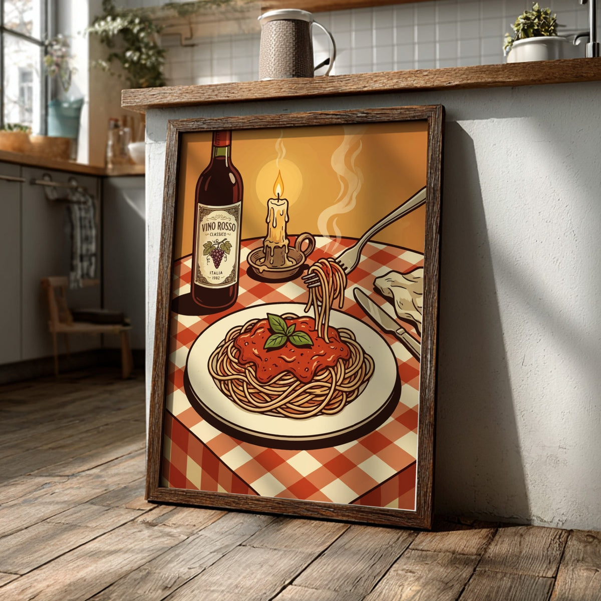 Spaghetti poster featuring a plate of pasta, wine bottle, and candle on a checkered