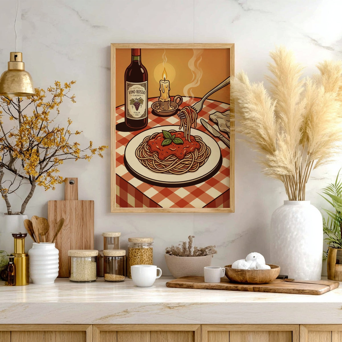 Spaghetti poster featuring a plate of pasta, wine bottle, and candle on a checkered