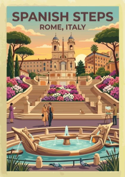 Spanish Steps travel poster featuring vibrant flowers and sunset colors in vintage style