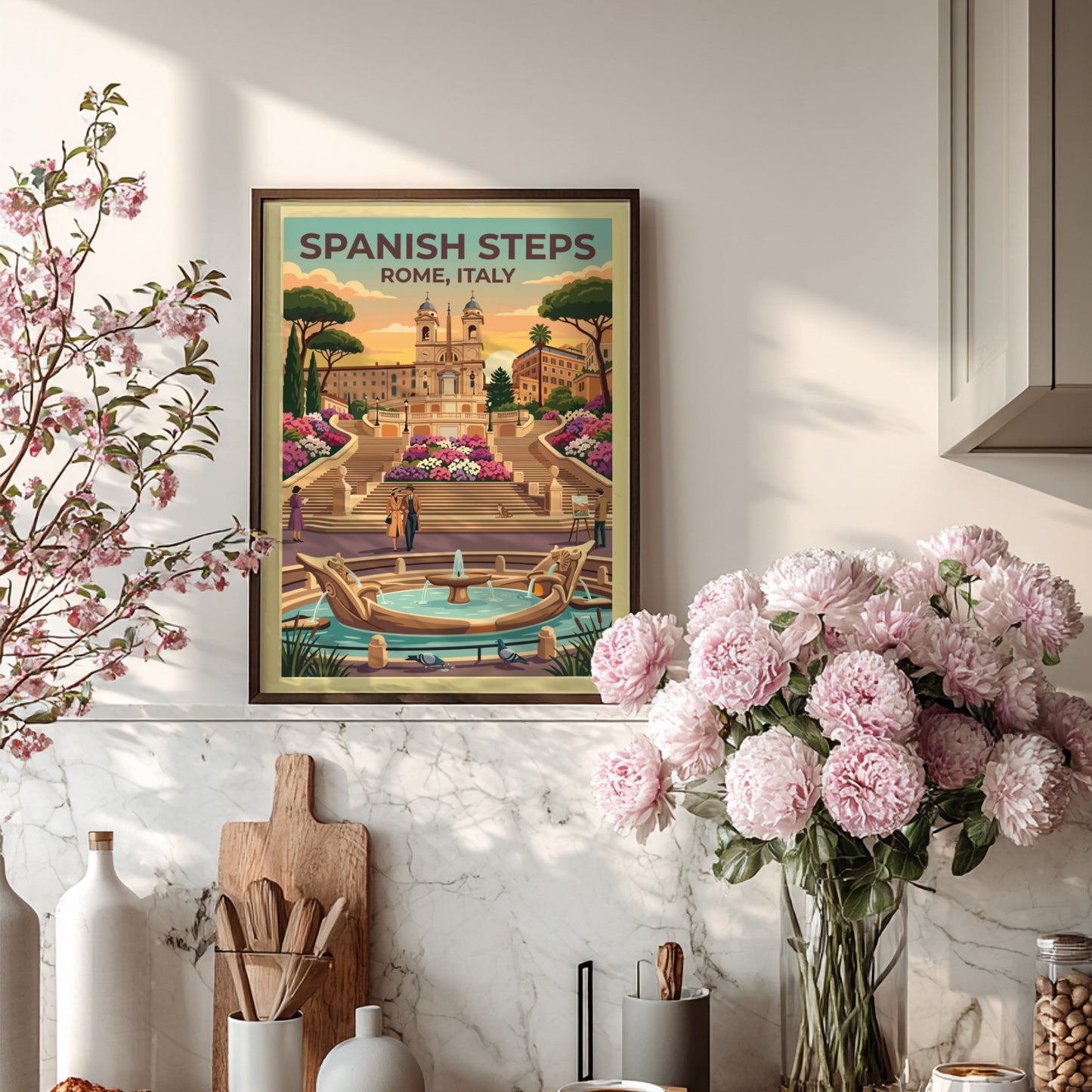 Spanish Steps travel poster featuring vibrant flowers and sunset colors in vintage style