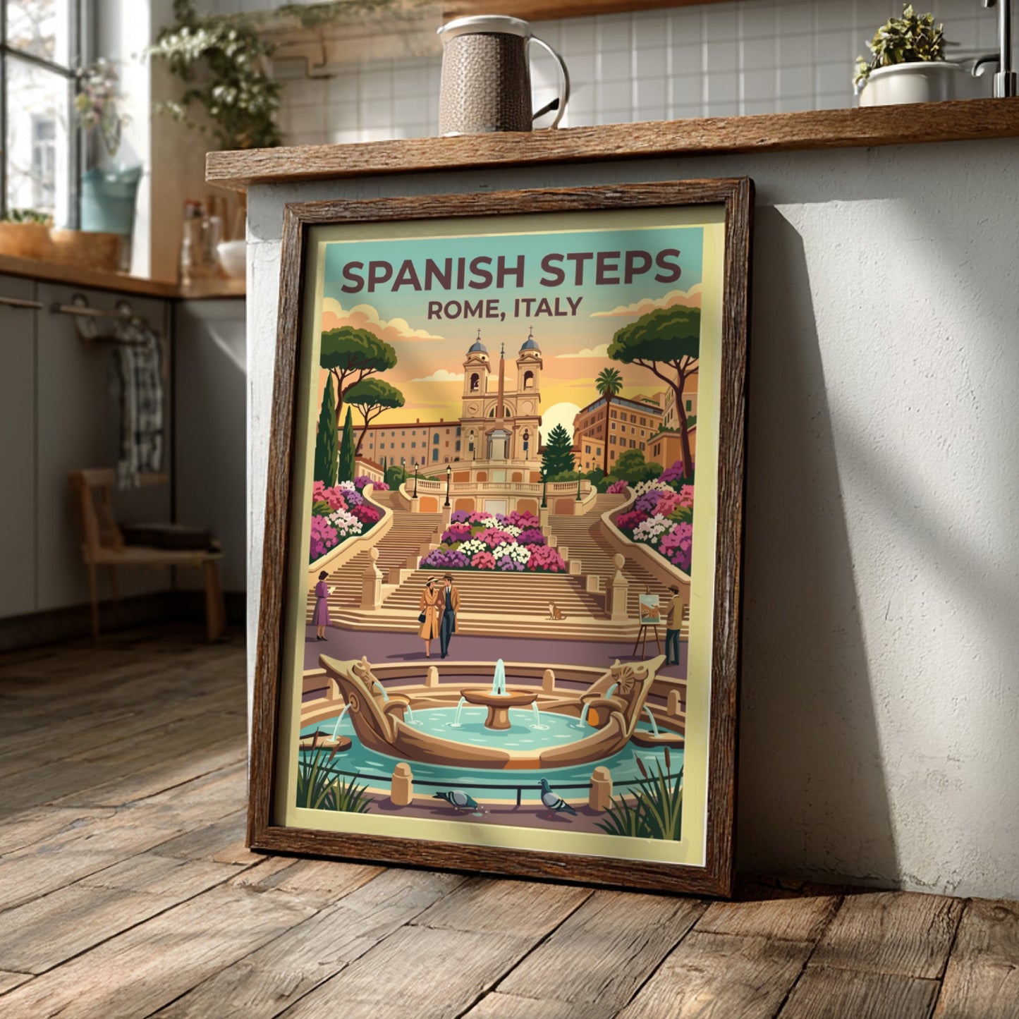 Spanish Steps travel poster featuring vibrant flowers and sunset colors in vintage style