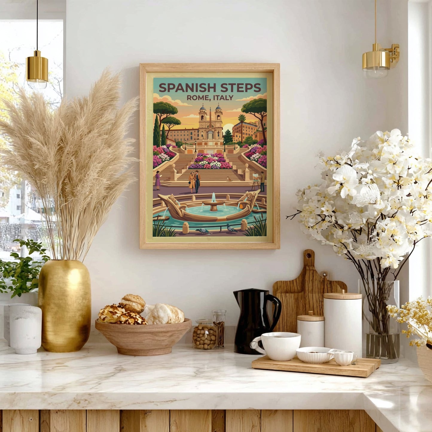 Spanish Steps travel poster featuring vibrant flowers and sunset colors in vintage style