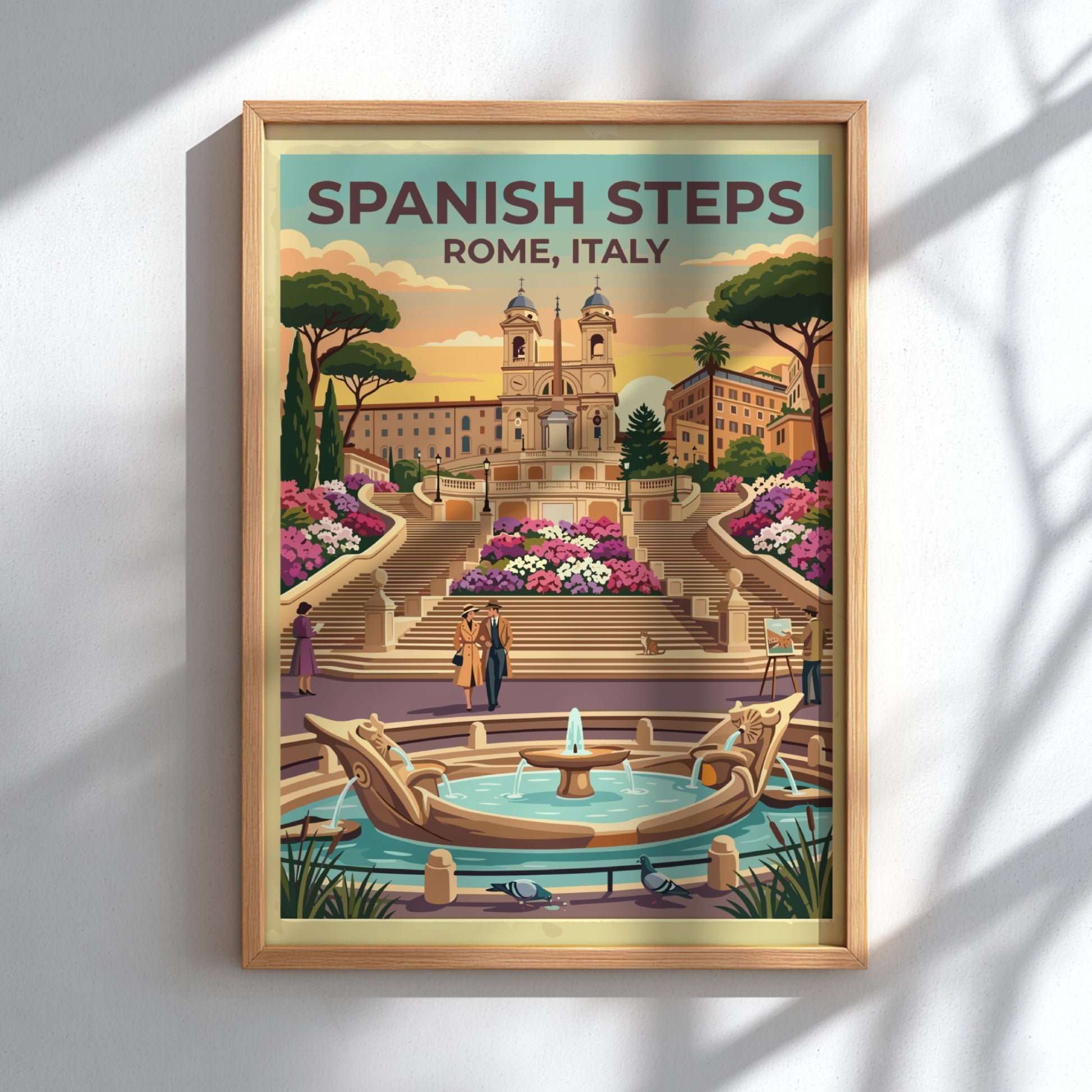 Spanish Steps travel poster featuring vibrant flowers and sunset colors in vintage style