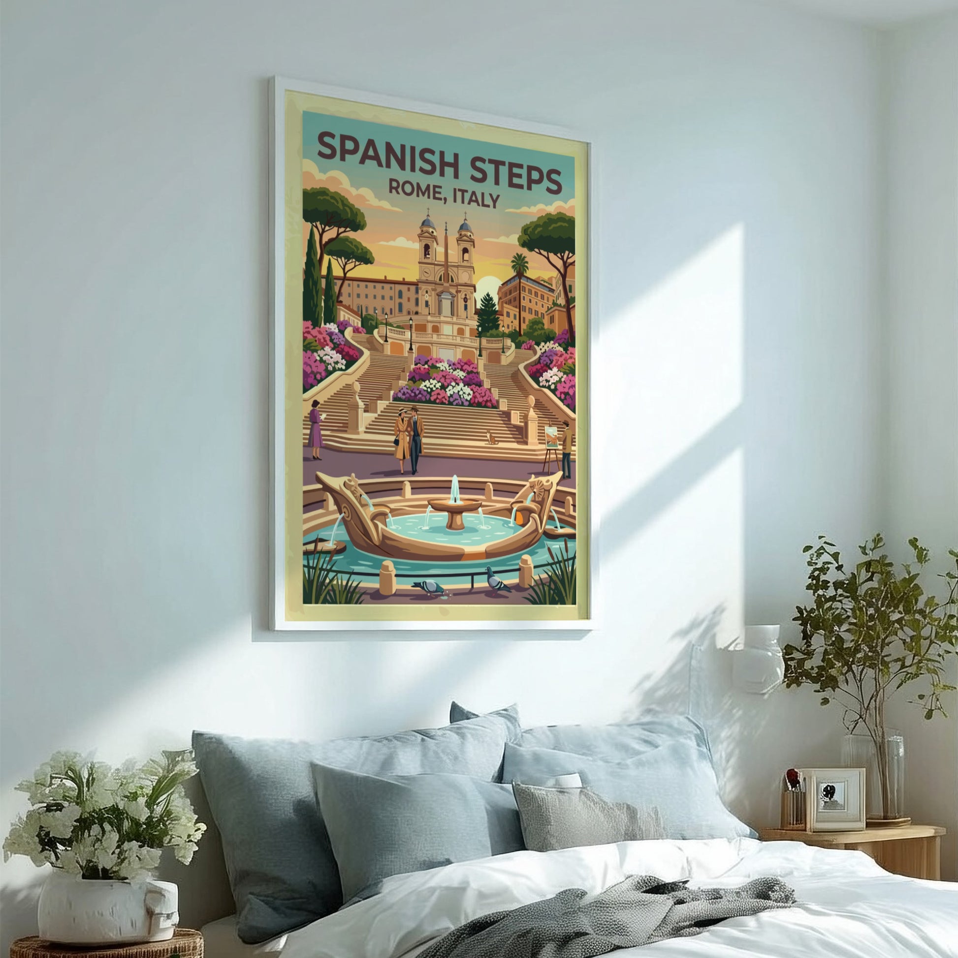Spanish Steps travel poster featuring vibrant flowers and sunset colors in vintage style