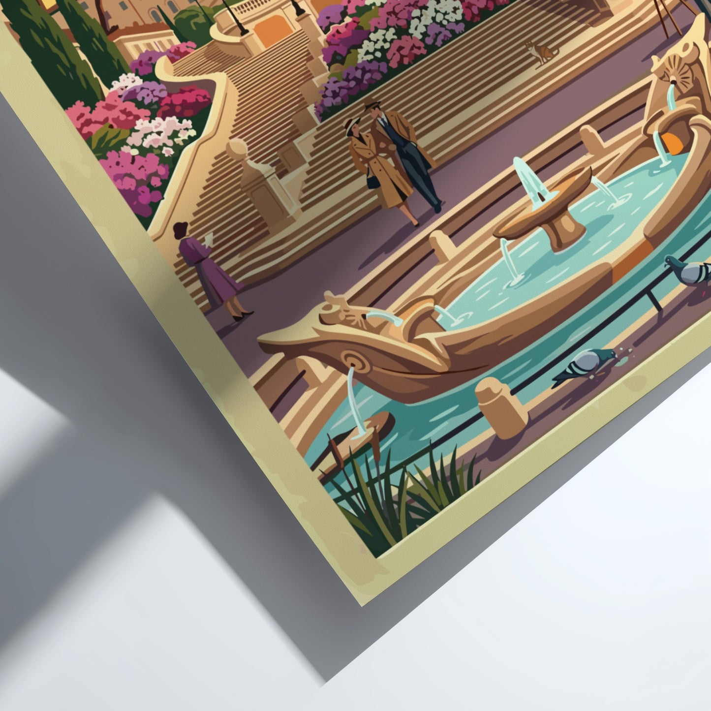 Spanish Steps travel poster featuring vibrant flowers and sunset colors in vintage style
