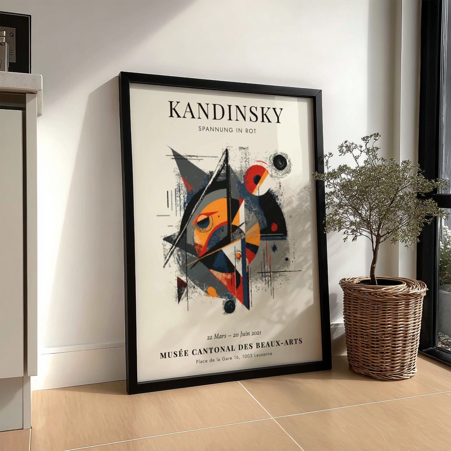 Kandinsky inspired poster featuring bold shapes and red colors, perfect for abstract wall decor