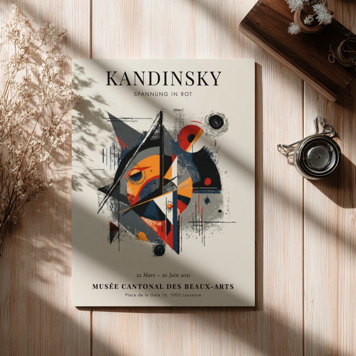 Kandinsky inspired poster featuring bold shapes and red colors, perfect for abstract wall decor