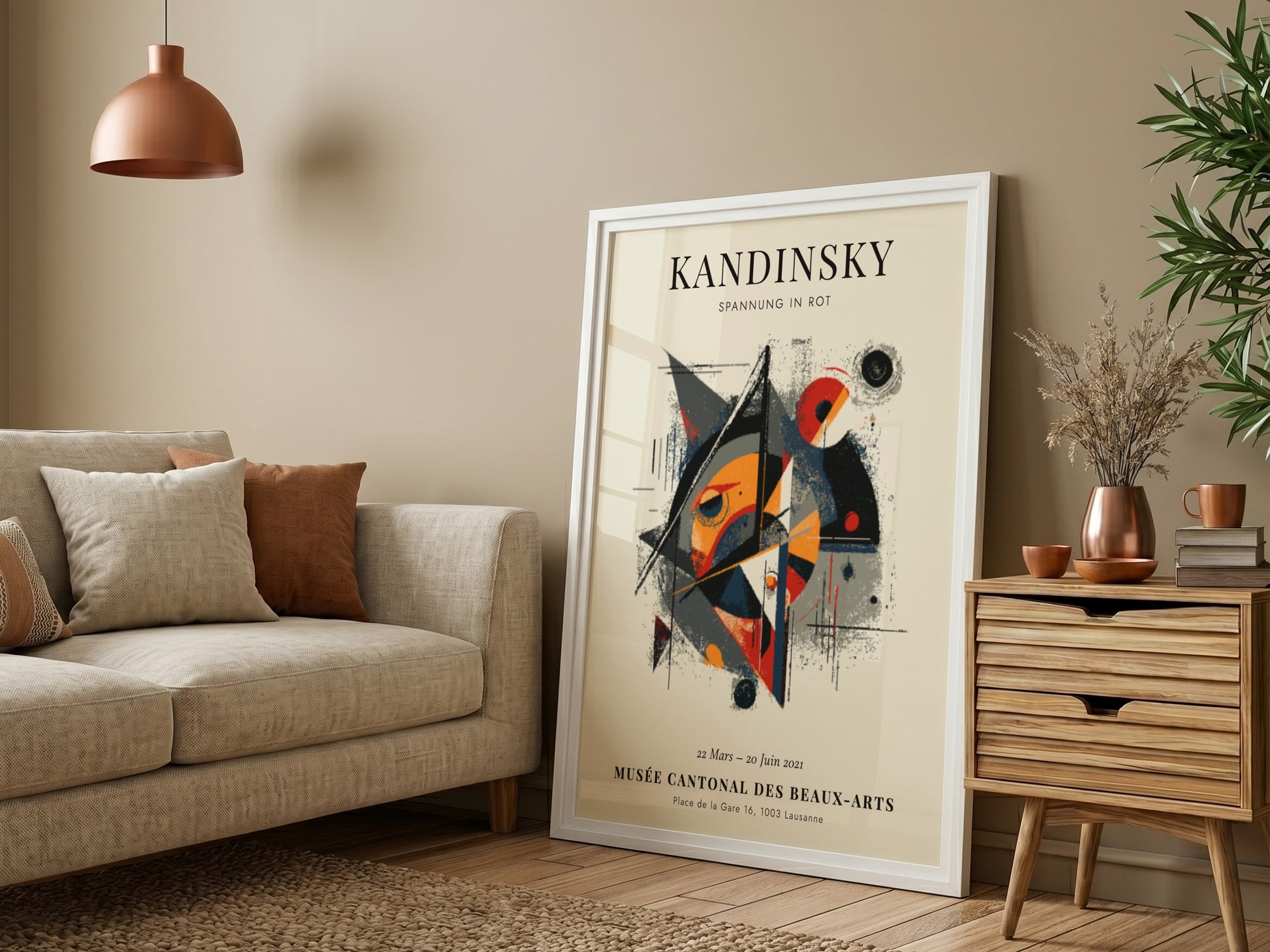 Kandinsky inspired poster featuring bold shapes and red colors, perfect for abstract wall decor
