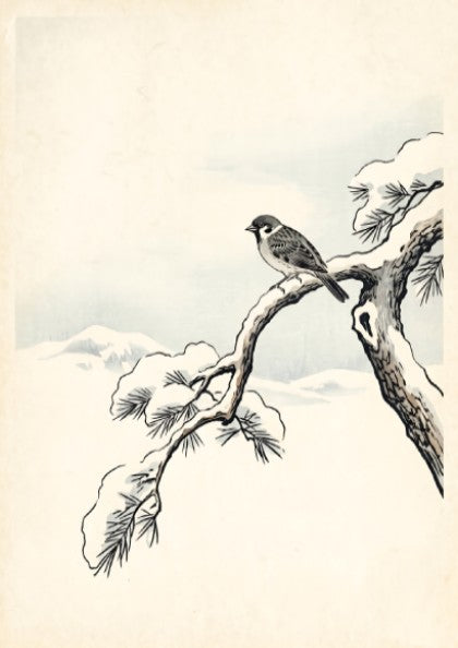 Japanese art style poster featuring a sparrow on a snowy pine branch