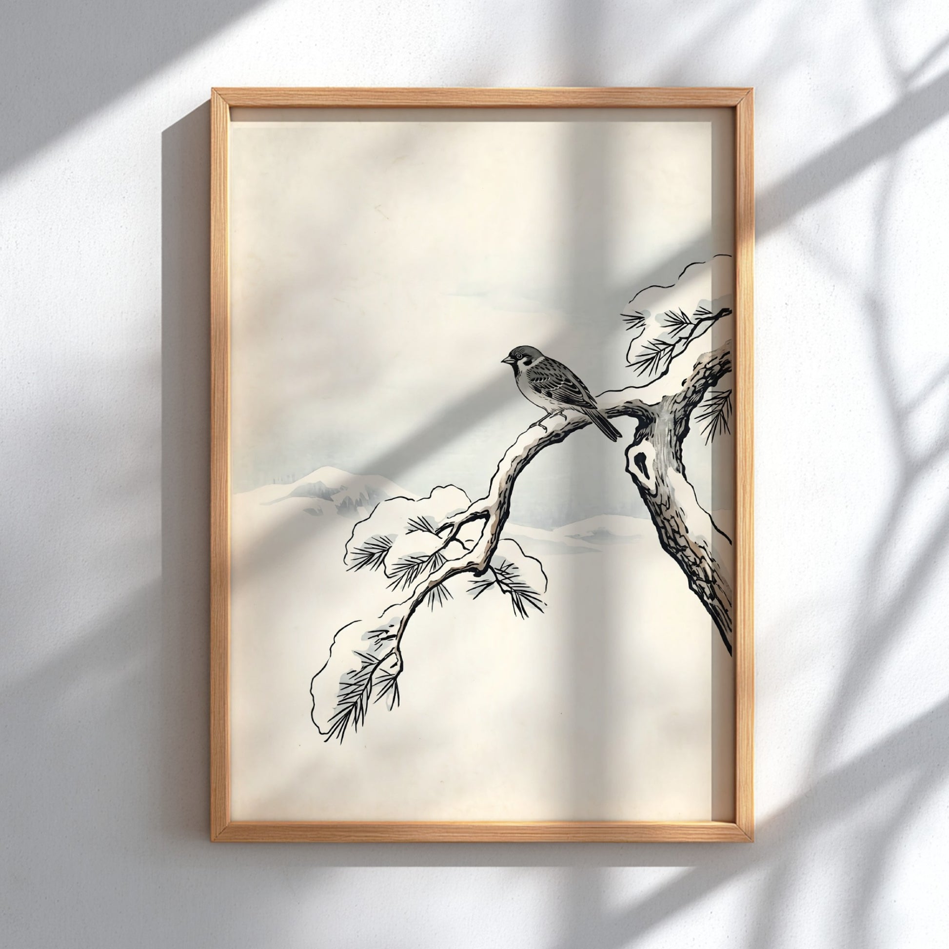 Japanese art style poster featuring a sparrow on a snowy pine branch