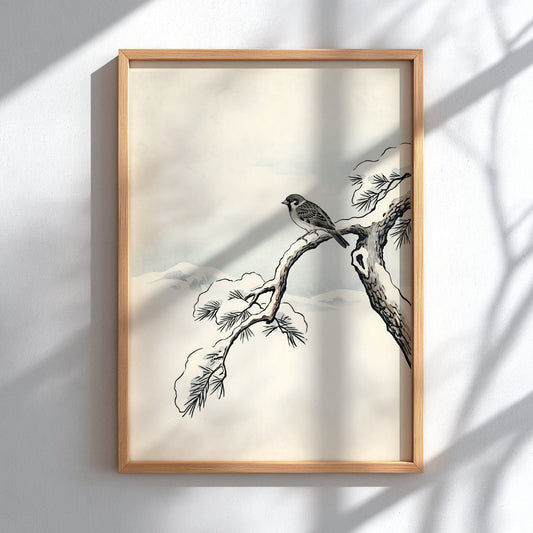 Japanese art style poster featuring a sparrow on a snowy pine branch