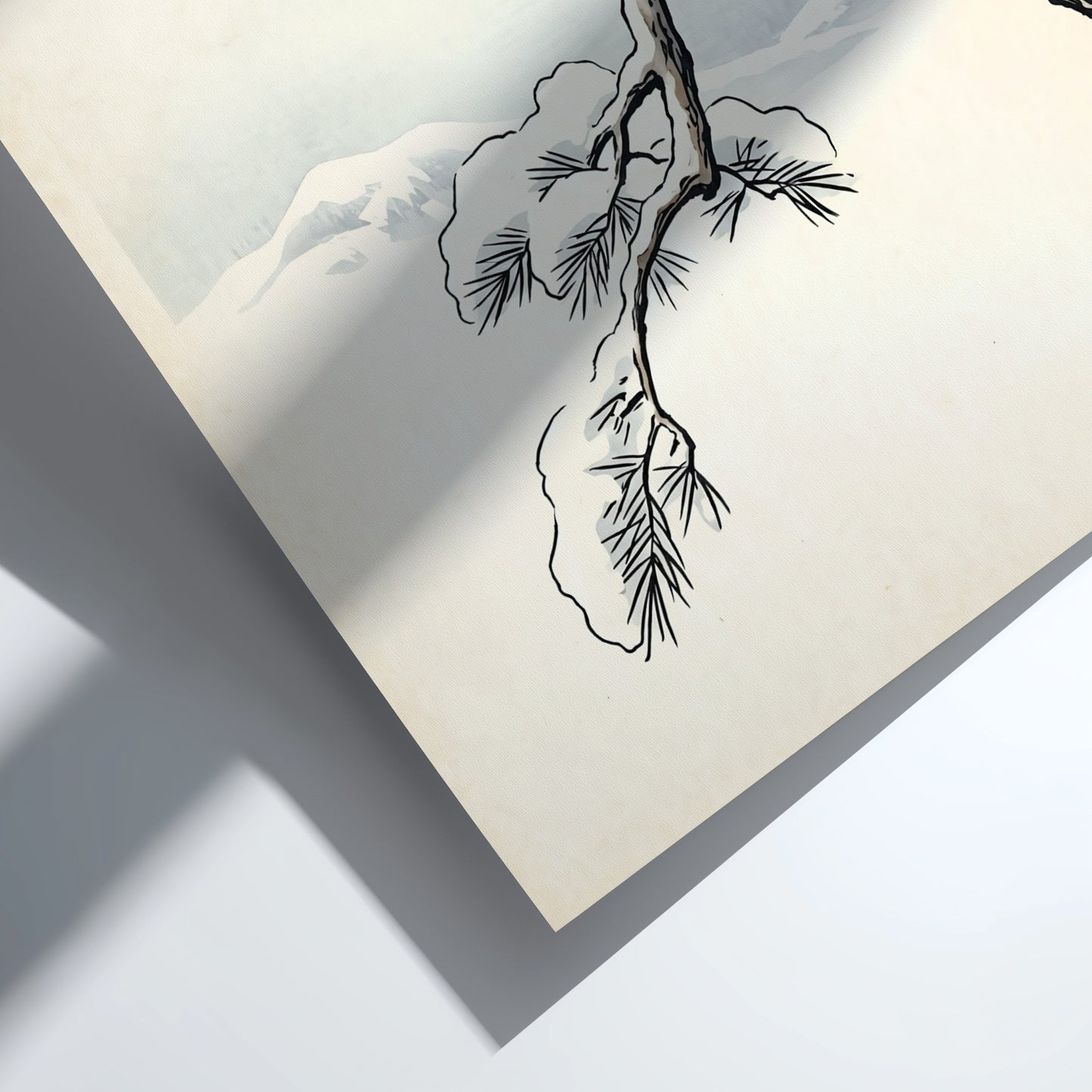 Japanese art style poster featuring a sparrow on a snowy pine branch