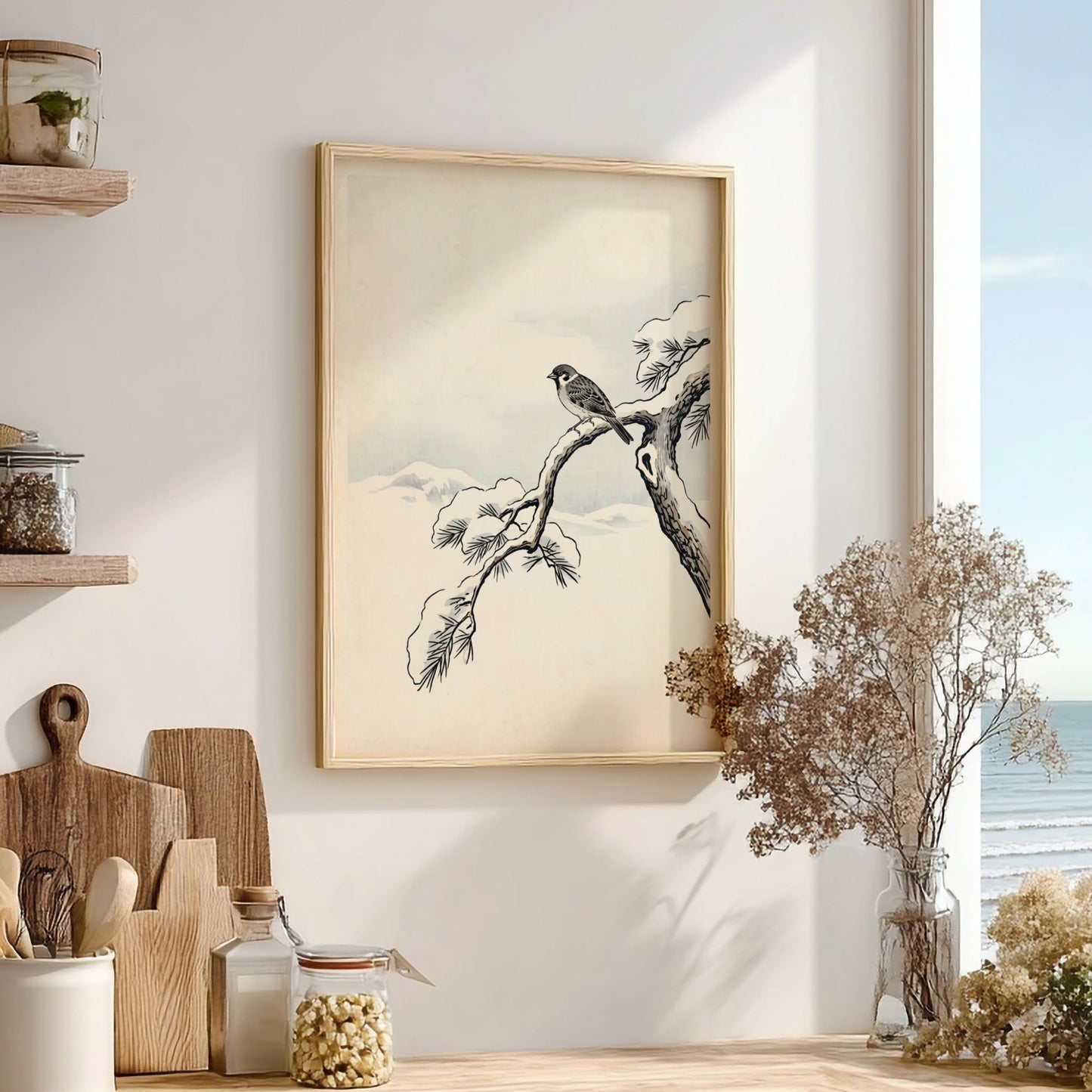 Japanese art style poster featuring a sparrow on a snowy pine branch