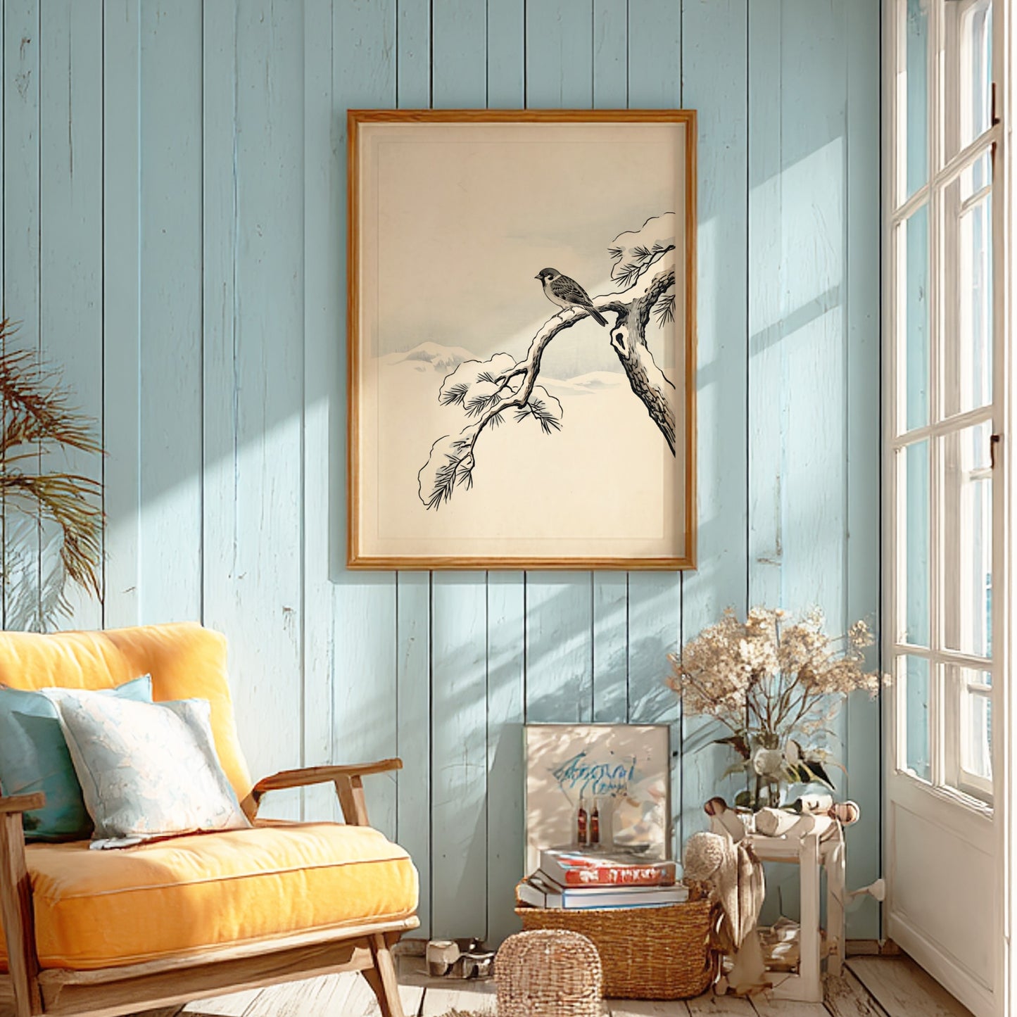 Japanese art style poster featuring a sparrow on a snowy pine branch