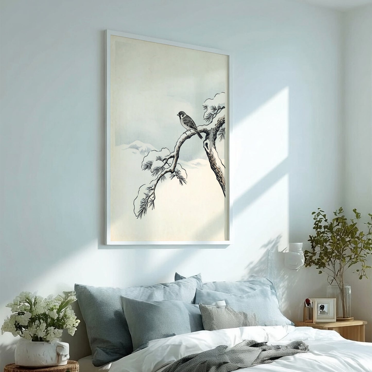 Japanese art style poster featuring a sparrow on a snowy pine branch