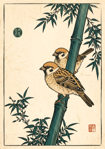 Japanese art style poster featuring sparrows on bamboo in warm colors